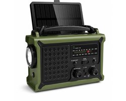 BSS® Opwindbare Radio AM/FM met Solar Opladen, Zwengelradio, 12000 mAh Powerbank, IPX6 Waterbestendig, USB/Type-C Oplader, Draagbare Noodradio voor Kamperen, Outdoor en Stroomuitval