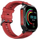 Rode smartwatch met zwarte kast en gekleurde ringen op het scherm, 09:30.