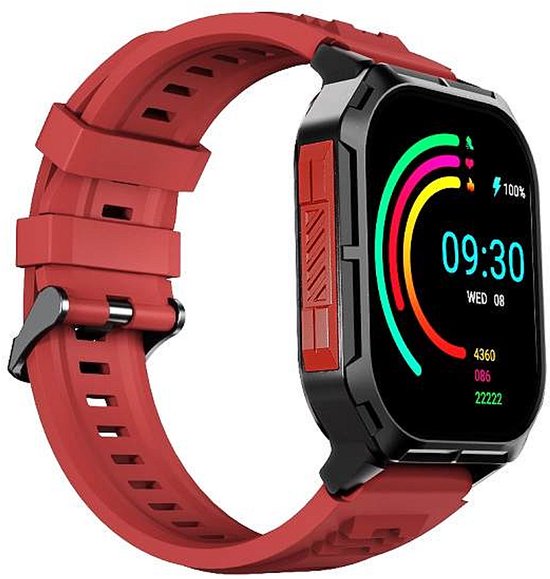 Rode smartwatch met zwarte kast en gekleurde ringen op het scherm, 09:30.