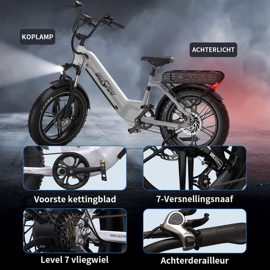 ONESPORT-Volledig terrein elektrische fatbike-20x4.0 inch offroad brede banden-voor en achter hydraulische schijfremmen-65Nm koppel-864Wh grote accu-90 km actieradius-aluminium frame-250W achtermotor-Bluetooth smart display-wit van ONESPORT — afbeelding 2