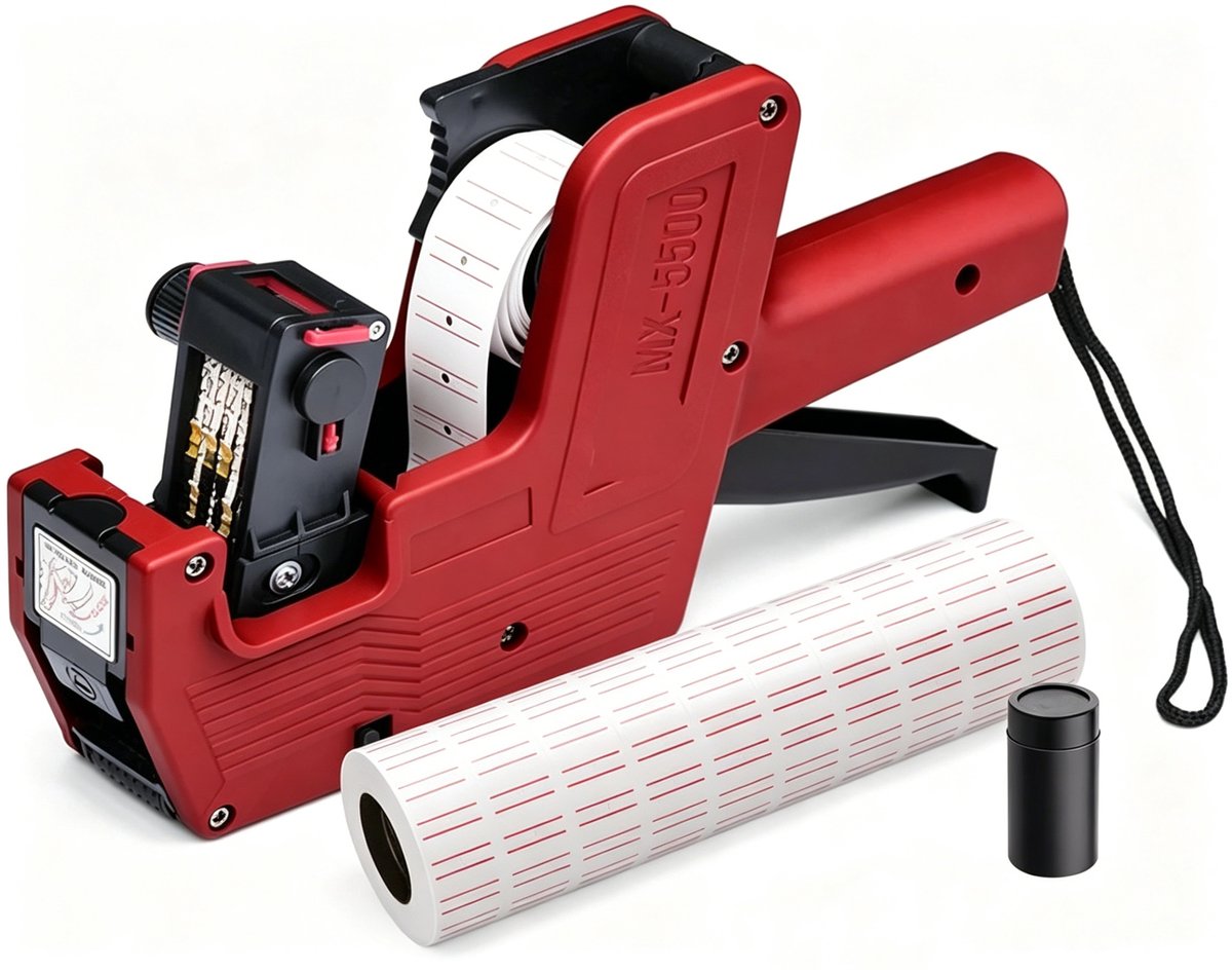 Fokelyi - Compleet prijstang set - 10 rollen etiketten & 1 inktrollen – voor winkels, supermarkten en magazijnen - Handheld - verstelbare digitale prijskaartjesprinter -Rood