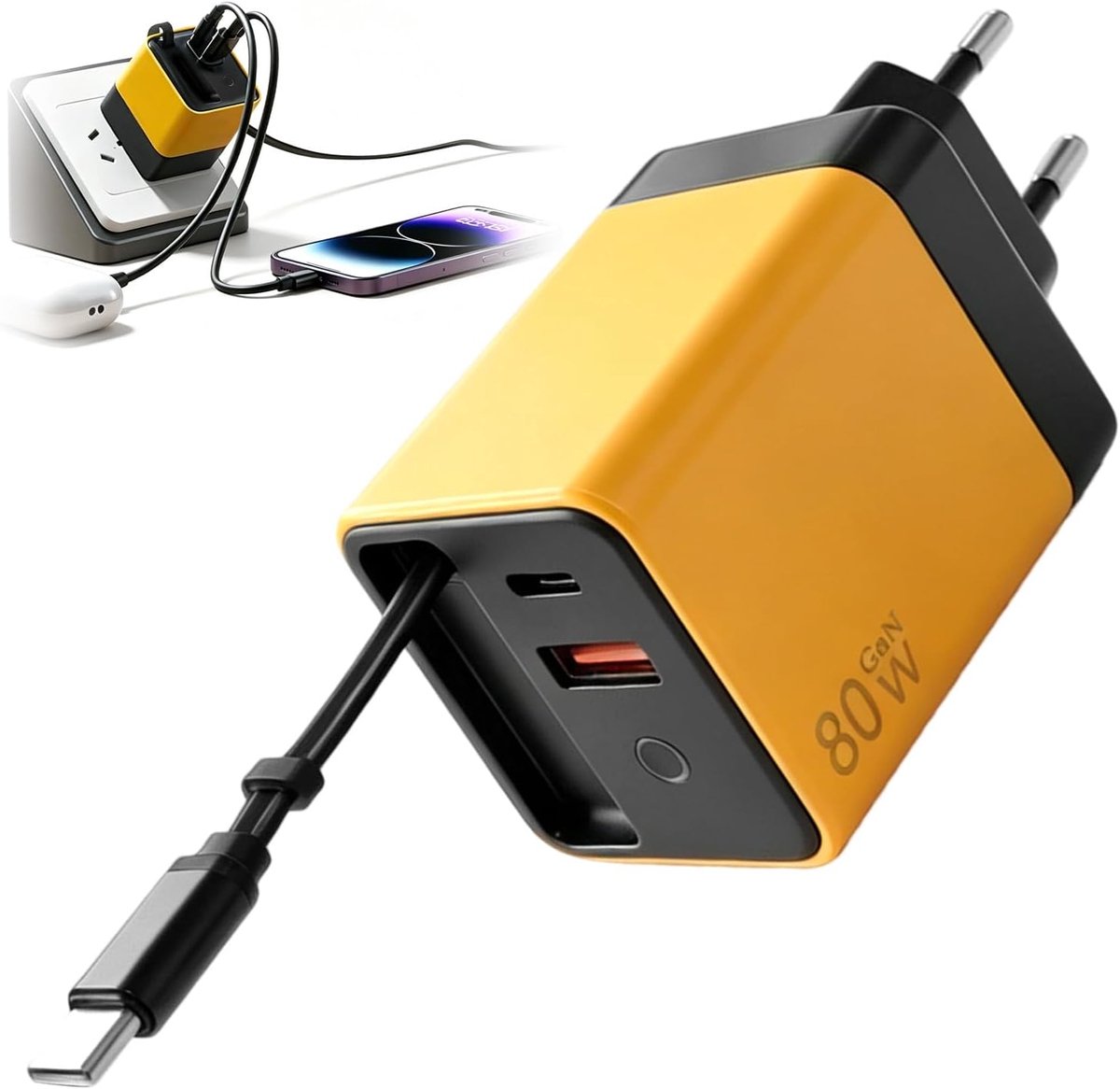 80W 3-in-1 intrekbare oplader met Type-C-kabel en 2 USB-poorten, snelladen voor meerdere apparaten, compacte en - ShopVlot