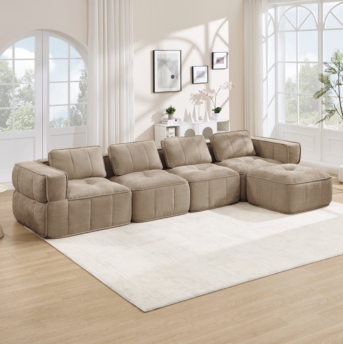 DESMIU Hoekbank 4-Zits - Modulaire L-Vormige Bank Met Hocker - Diepe Zitting Voor Woonkamer - Polyester - Sand