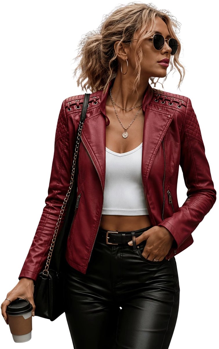 Currero Kunst Leren Jas Leather Jacket Lederen Jas Bomberjack Pilotenjack Blazer Biker Motorjas Motormuis Dames Rood