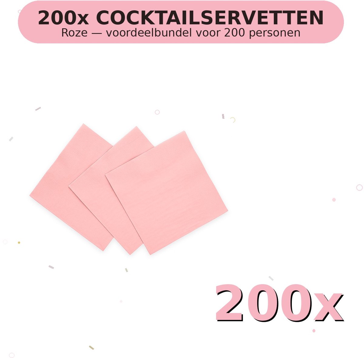 Cocktail servetten 24x24cm FSC Roze - Voordeelverpakking 200 Stuks voor tot 200 Personen - Feestartikelen