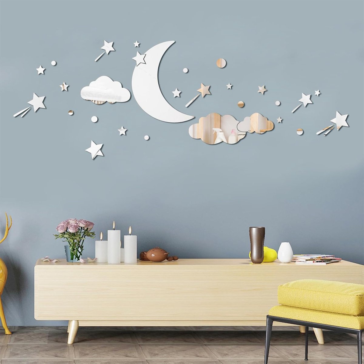 Wolk maan en sterren spiegel muurstickers, verwijderbare acryl maan en sterren muur spiegel stickers stickers, 3D maan - ShopVlot