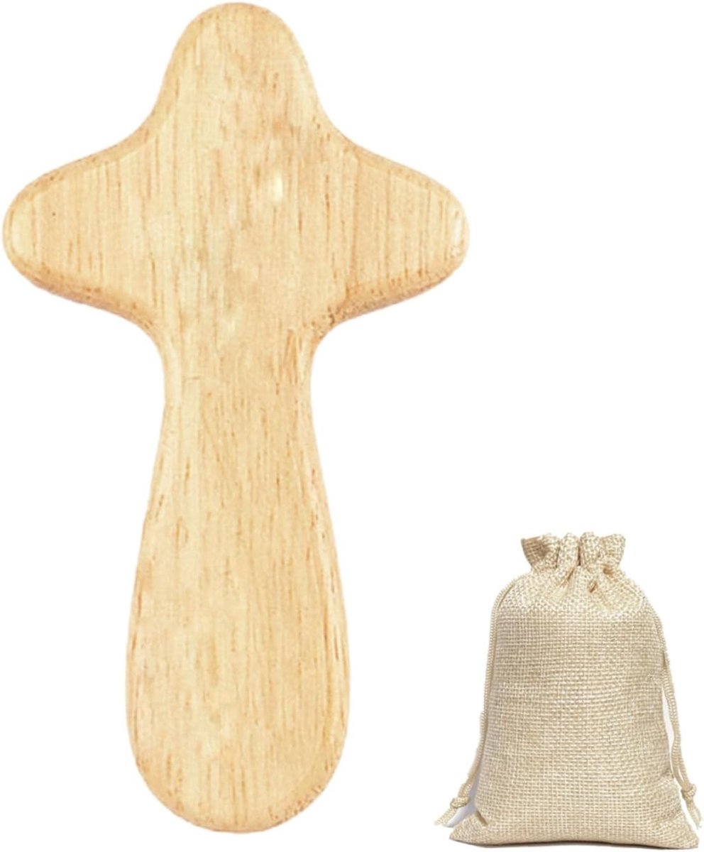 Houten Kruis Anti-Stress Worry Stone voor Geluk en Troost - Perfecte Gift voor Familie en Vrienden bij Communie en Doop