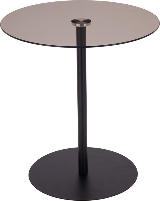 Ronde bijzettafel met rookglazen blad en zwart metalen voet.
