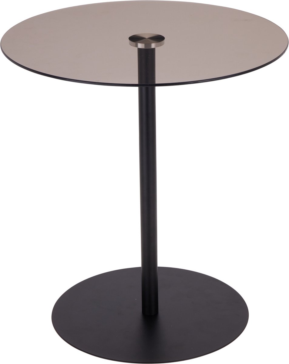 In & Out Deco Bijzettafel - Glazenblad - Kleur Rookglas - Rond 40 cm - Metalen zwarte ronde voet