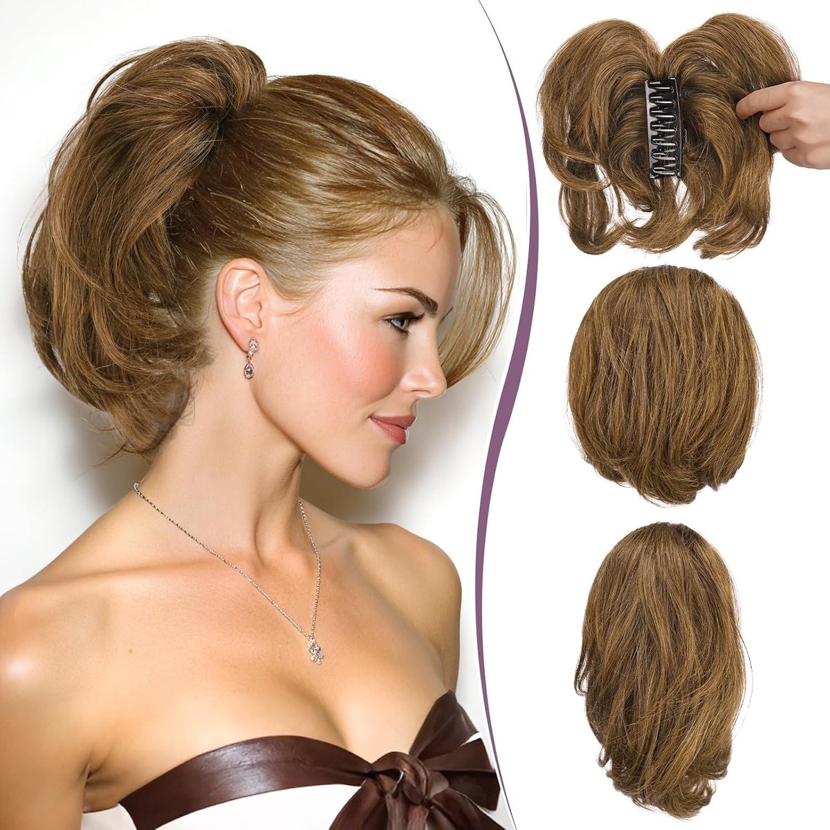 Korte Ponytail van Menselijk Haar van 23 cm met Buigbare Clip voor Creatieve Stijlen, Messy Bun en Vol Haar in Middelbruin