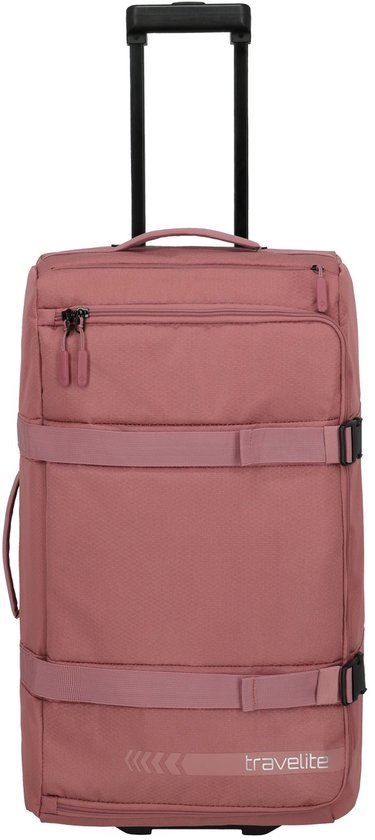 Roze reistas met wielen, trolley systeem en compressiebanden. Tekst: travelite.
