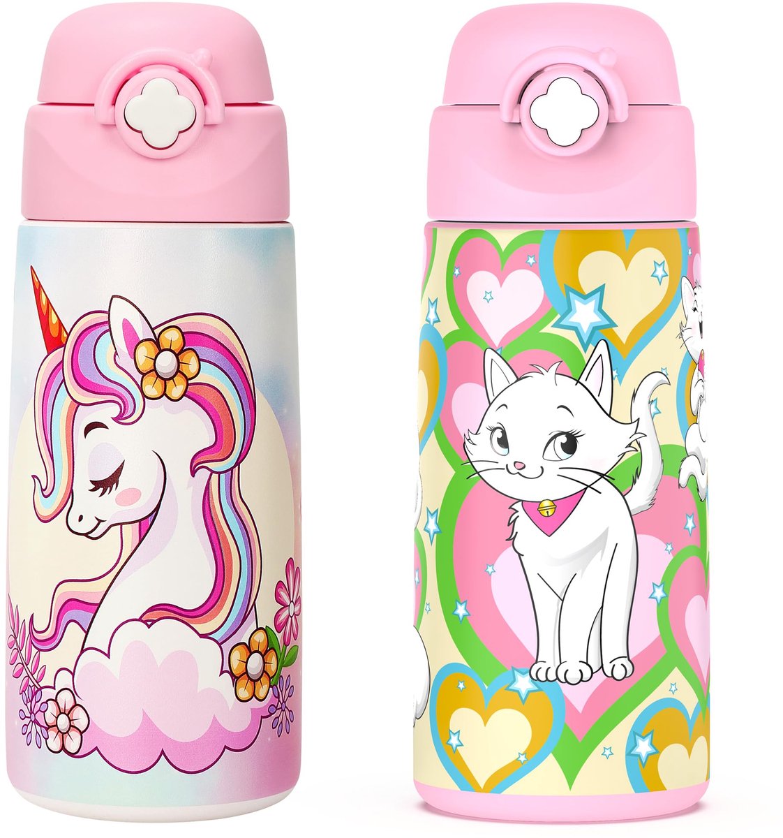 Kinder waterfles 16 oz - eenhoorn en kat - roestvrij staal - lekvrije pop-up stro - ShopVlot