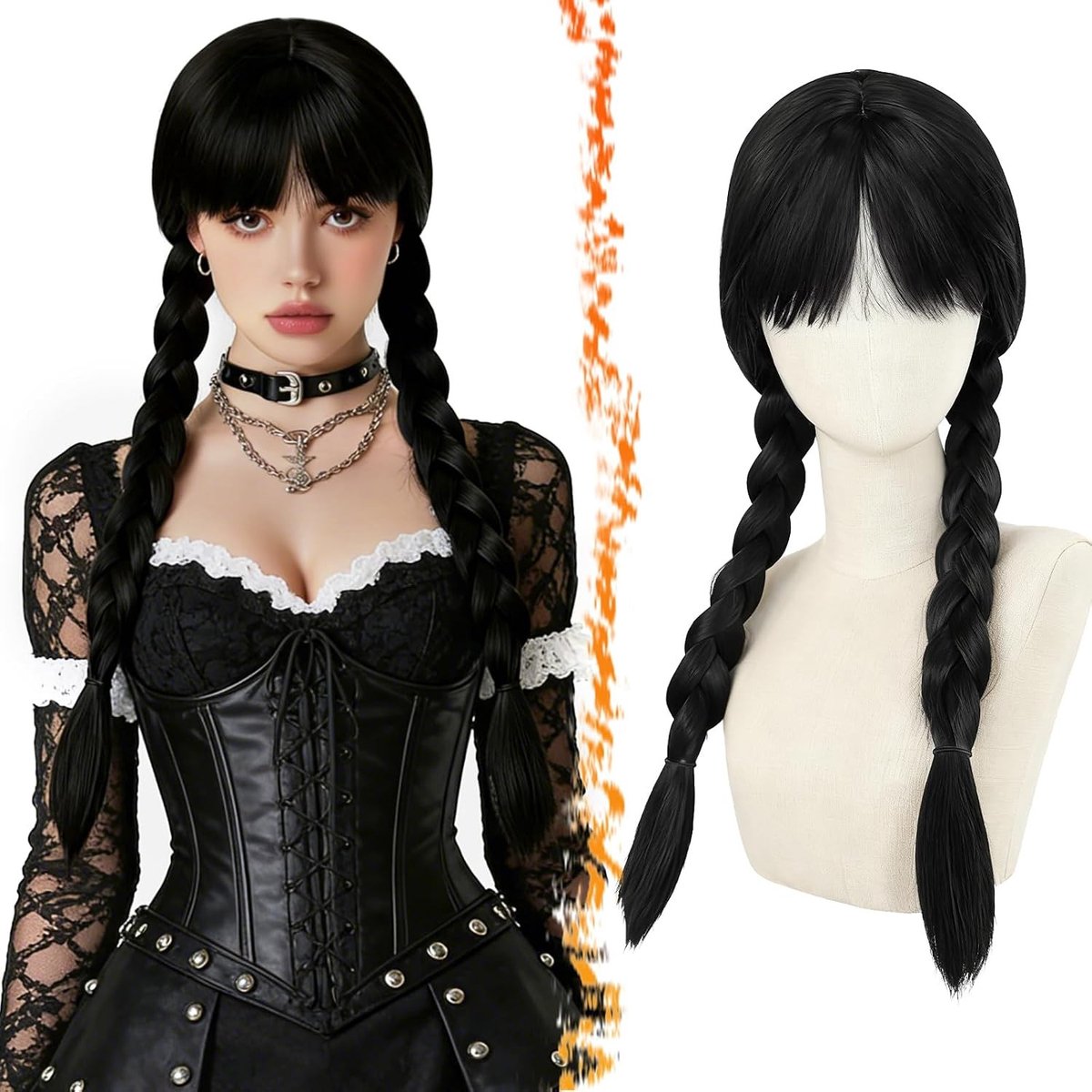 Lang Zwarte Vlechtperuk met Pony voor Vrouwen - 26 Inch Natuurlijke Look, Dikke Synthetische Cosplay en Halloween Kostuum Peruk met Gothic Stijl