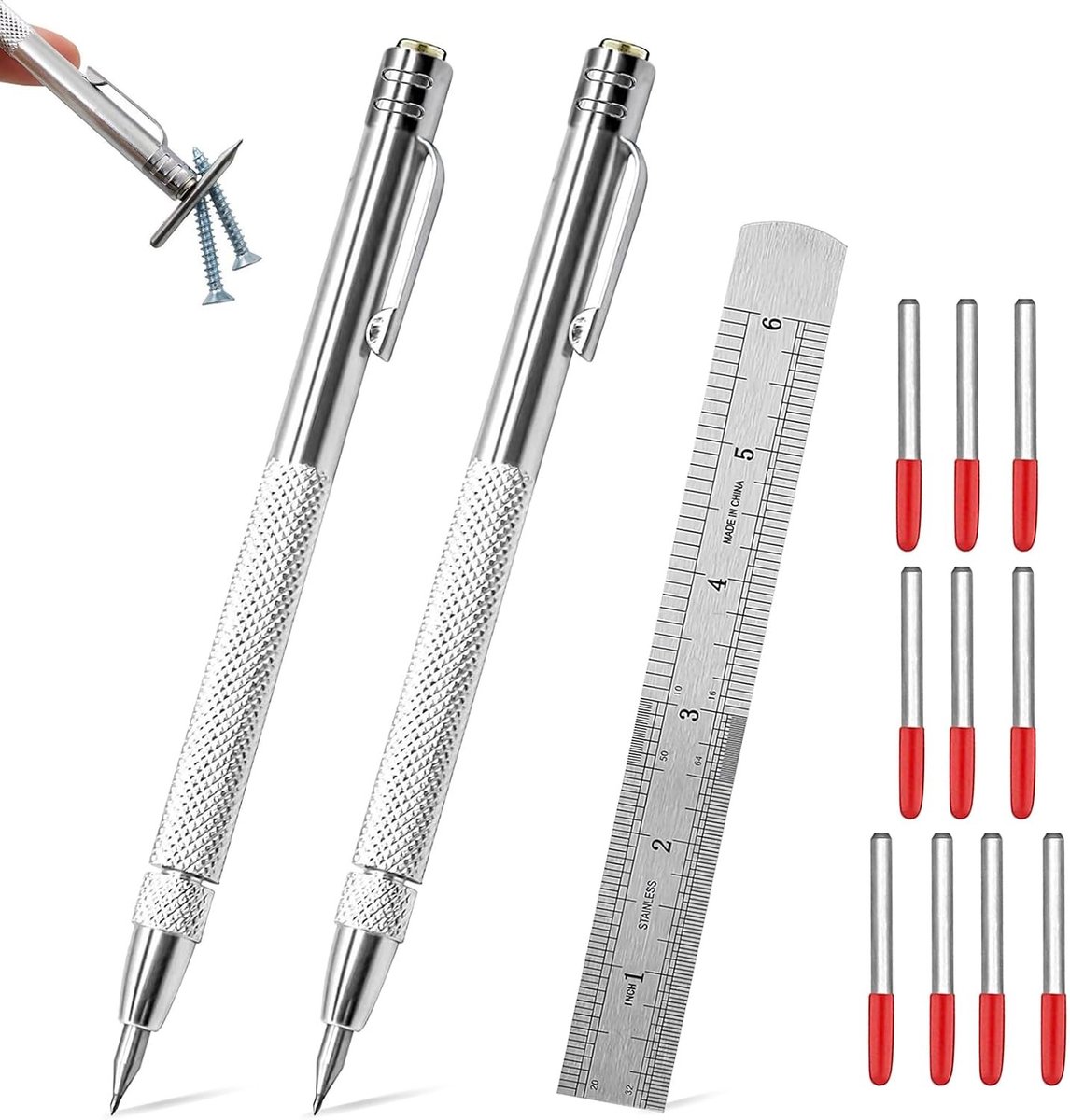 Set van 2 Tear Needles met 10 Stalen Reservepunten en Stalen Liniaal voor Glas, Keramiek en Harde Materialen