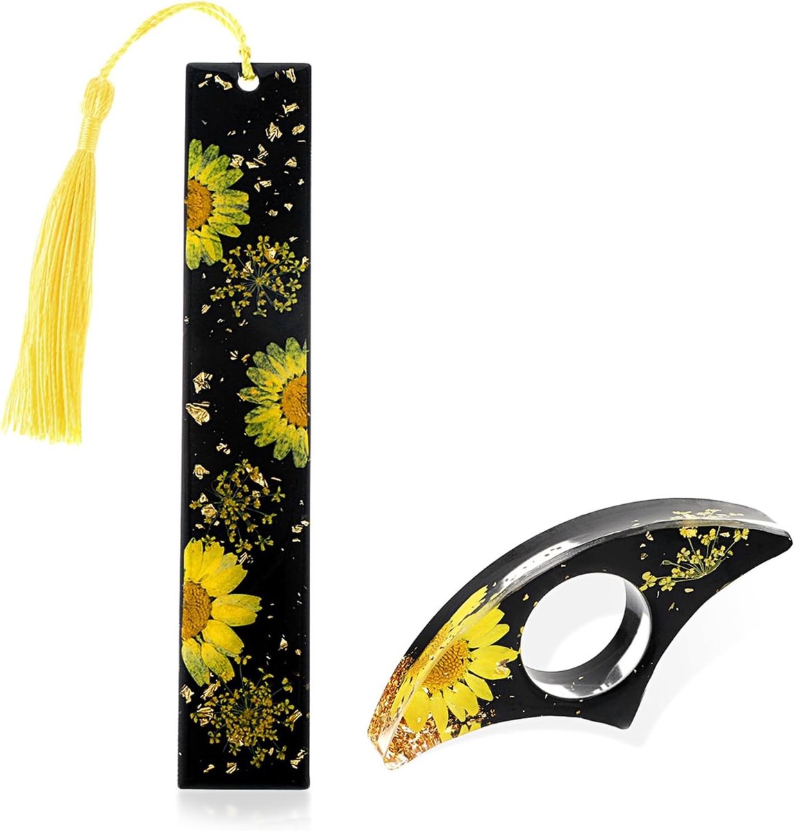Set van 2 Gedroogde Bloemen Boekmerken, Handgemaakte Boekensteun en Bookmark met Kwastjes en Boekopenaar (Geel) - Perfect voor Boekenliefhebbers en Cadeaus