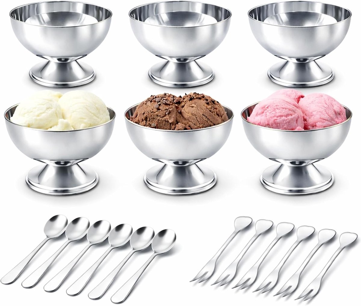 Set van 6 RVS Dessertkommen van 140ml, Herbruikbare IJsbekers voor Snacks, Yogurt en Fruitservies