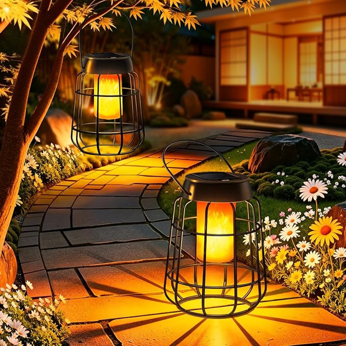 Solar Vlameffect Tuinlampen Set Van 2 - LED Buitenverlichting Op Zonne-Energie - Waterdichte Sfeerlampen Met Schemeringssensor Voor Tuin, Balkon En Terras