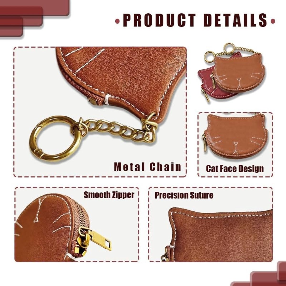 Schattige Katvormige Kleine Handtas voor Vrouwen met Rits, Perfect voor Munten, Kaarten en Sleutels, Rood en Praktisch