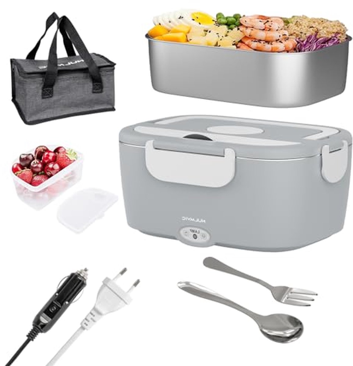 Elektrische Lunchbox - Warmhoudbak - Onderweg Eten - 3-in-1 Aansluitingen - 1.5 Liter - Grijs