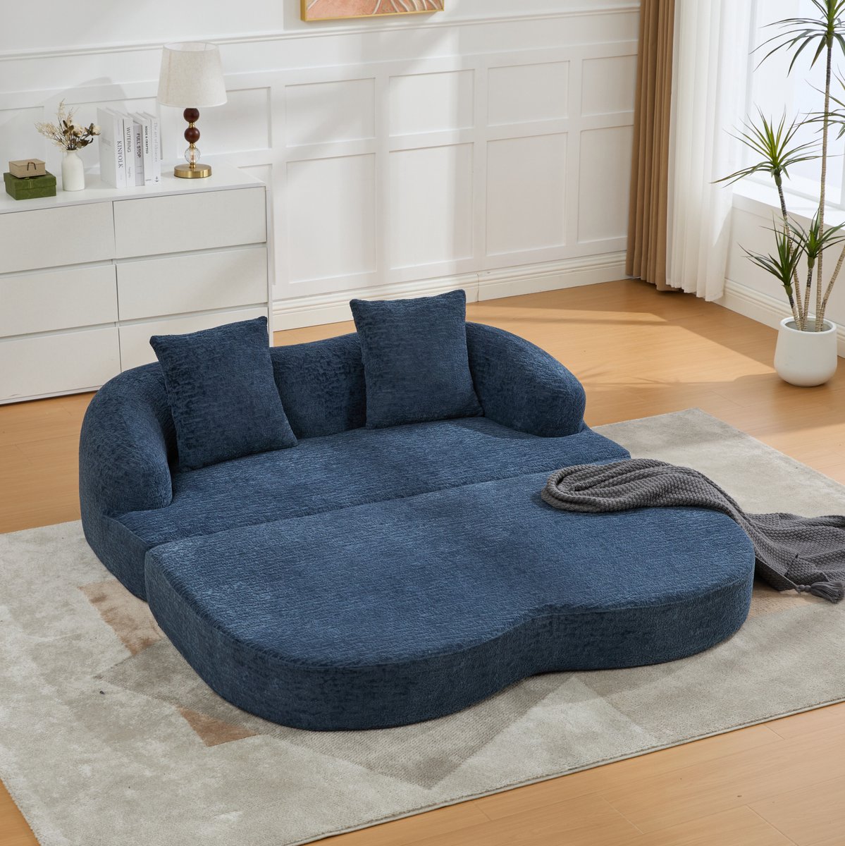 MODENUIT Slaapbank - 2-Zits Uitklapbaar - Met 2 Kussens - Voor Woonkamer En Gastkamer - Chenille - Marineblauw