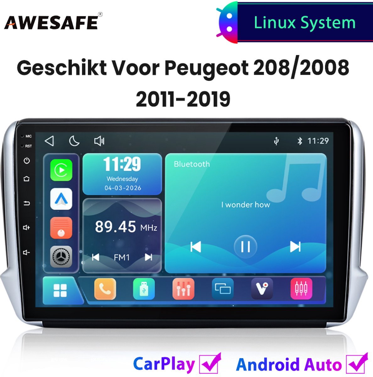 Awesafe Autoradio - Geschikt Voor Peugeot 208/2008 2011 t/m 2019 - Draadloos Carplay Android Auto - Linux systeem - 10 Inch Touchscreen - Bluetooth Wifi - 2012 2013 2014 2015 2016 2017 2018