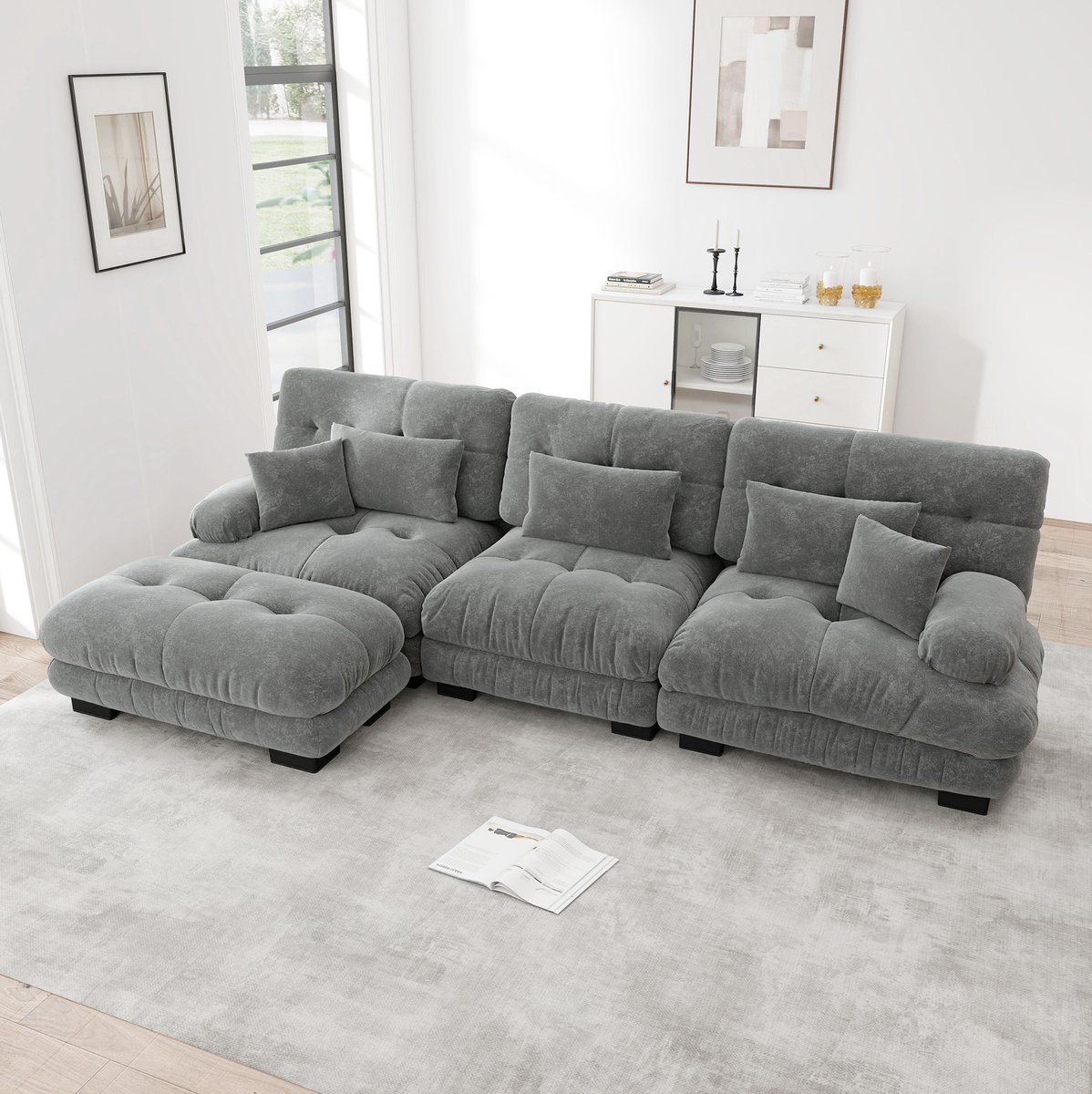 MODENUIT Hoekbank 313 cm - Modulaire L-vorm Met Ottoman - Voor Woonkamer En Kantoor - Chenille - Grijs