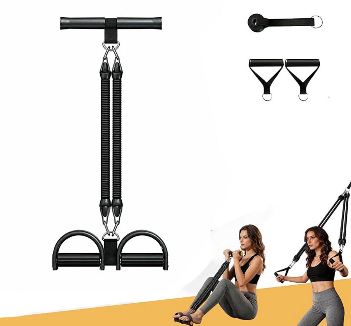 Pedaal-weerstandsband – Buikspiertrainer – Elastisch trekapparaat – Hulpmiddel voor buikspiertraining – Elastisch trekkoord met dubbele buis – Geschikt voor het rekken van taille en enkels en voor armoefeningen – Zwart