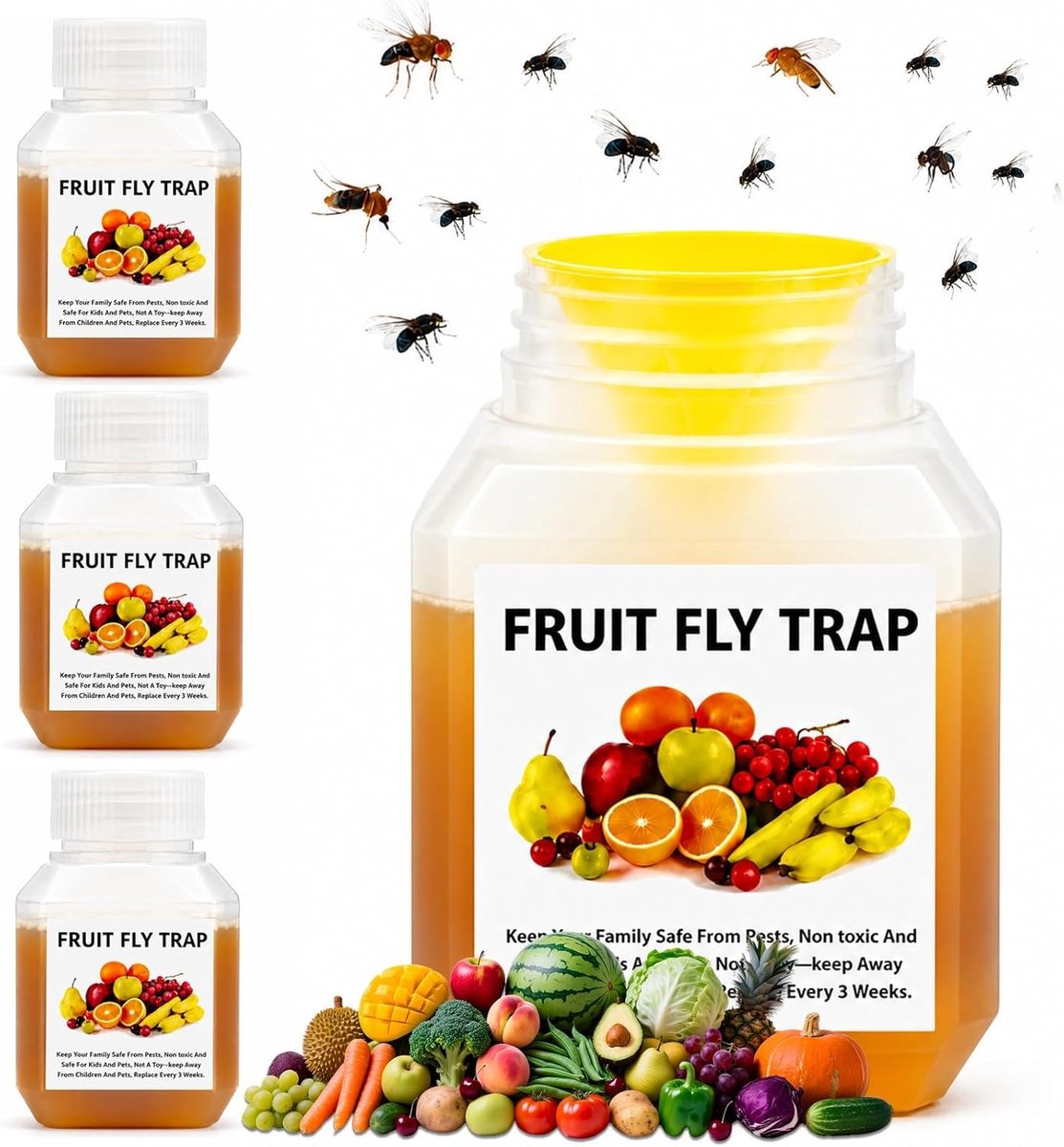 Effectieve Fruitvliegvallen Set van 4, Herbruikbare Vangflessen, Transparant Ontwerp, Veilig voor Keuken en Huisdieren