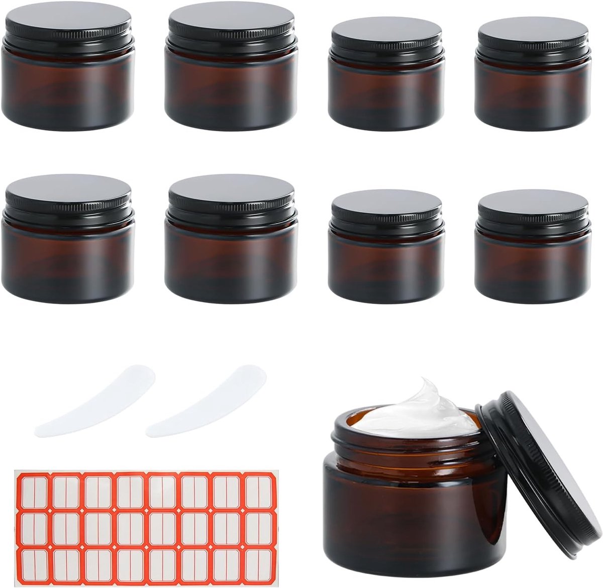 Set van 8 Amber Lensen, Lege Cosmetica Potjes met Deksel, UV-bestendig en Lekvrij, Ideaal voor Crèmes en Poeders