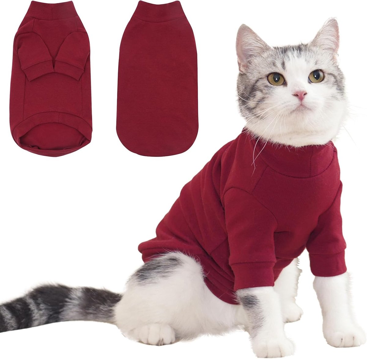 Warme Fleece Sweater voor Katten - Winterjas voor Huiskatten - Lange Mouwen Pyjama's - Ideaal voor Naakte Katten - Bordeauxkleurig, Maat L