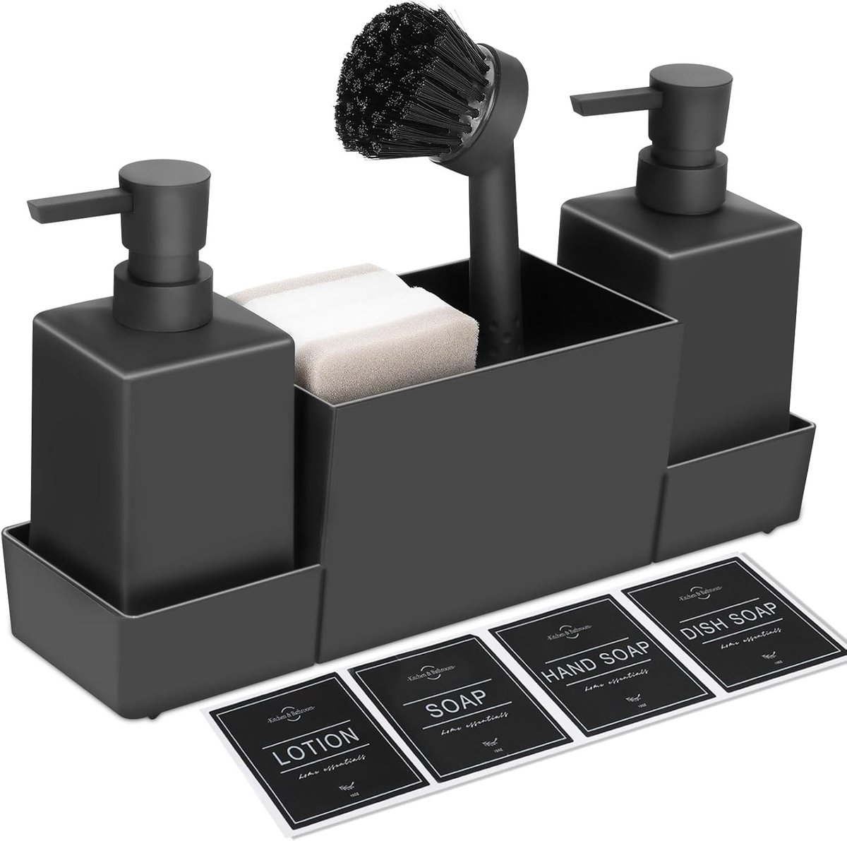 Spoelbakzeepdispenserset 4-in-1 - zwart - gootsteenorganizer met sponshouder - praktisch keukengadget - ShopVlot