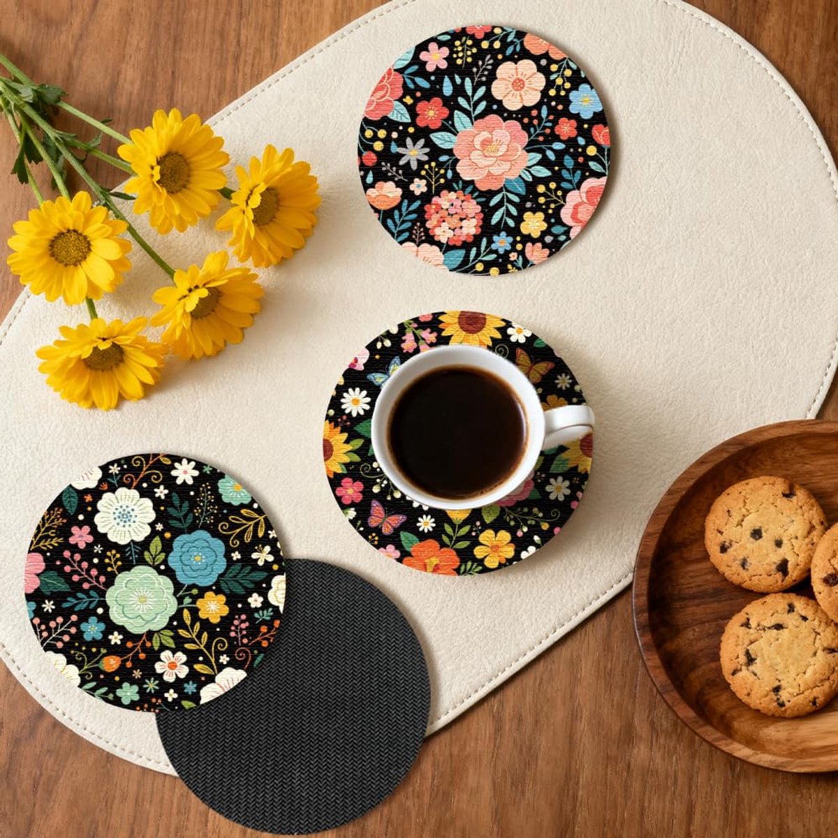 Onderzetters set van 6 - retro bloemenpatroon - duurzaam materiaal - perfect voor thuisgebruik - ShopVlot