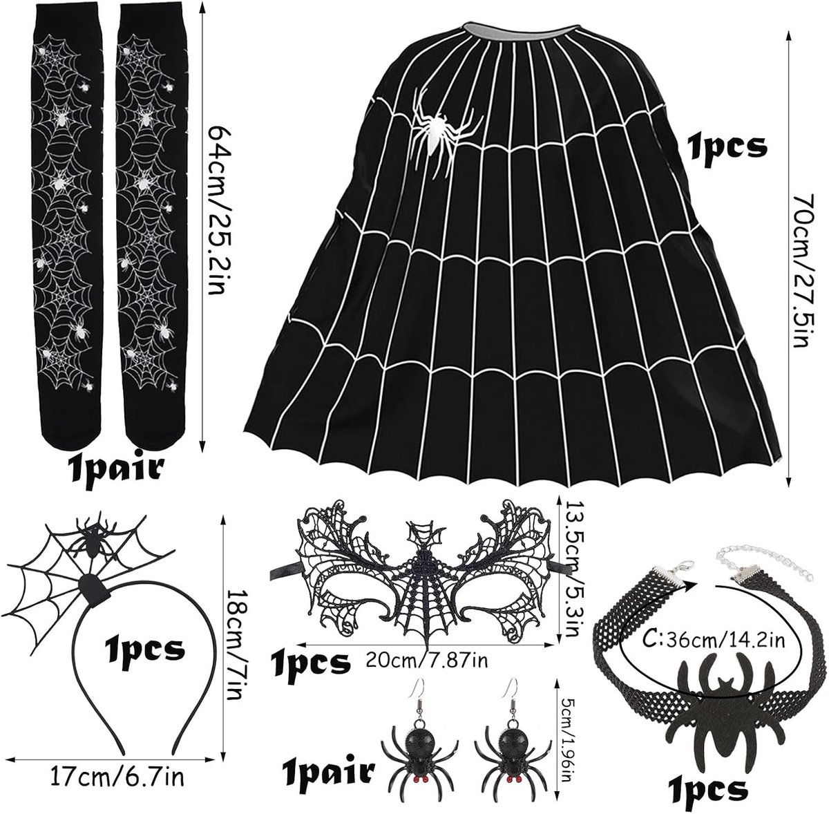 Griezelig Spinnen Kostuum voor Volwassenen met Poncho, Masker, Haarbanden, Sokken, Ketting en Oorbellen voor een Leuke Halloween of Carnaval Decoratie
