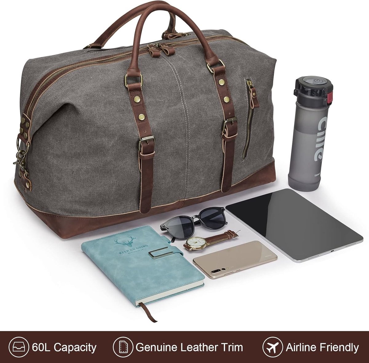 Vintage Canvas Weekend Bag met Leerafwerking - Unisex Reis- en Sporttas voor Vakantie en Weekenduitjes, 52-55L