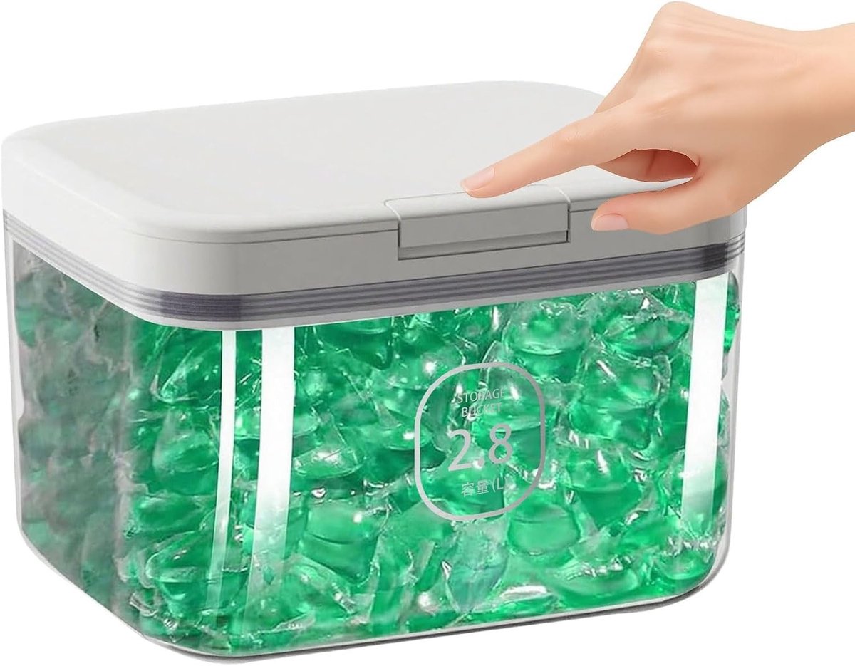 Opslagbox voor Wasmiddel 2.8L met Deksel, Luchtdichte Organizer voor Wasmiddelcapsules en Poeder, Transparant met Maatbeker