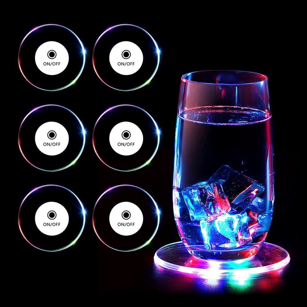 Set van 6 Verlichte Onderzetters met Kleurige LED Verlichting, 3 Verlichtingsmodi, Ideaal voor Koffie, Thee en Drankflessen