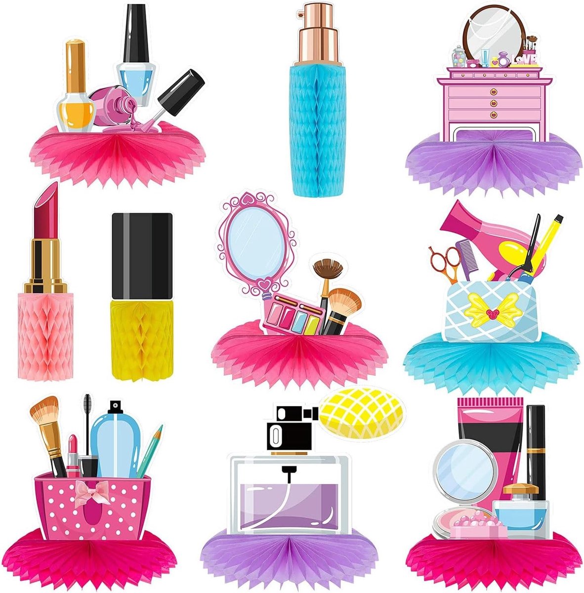 10 Stuks Spa Party Decoraties - Honingraat Tafelcentra, Make-up Tafeldecoratie en Cosmetica Accessoires voor Meisjes Thema Feestjes
