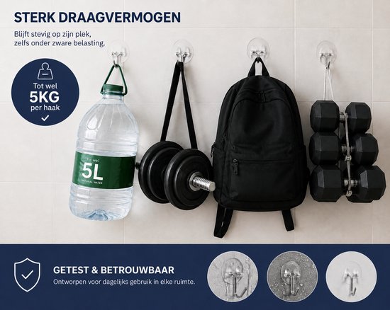 Sterk draagvermogen: haak met 5kg belasting, fles water van 5L, dumbbells en rugzak aan muren opgehangen.