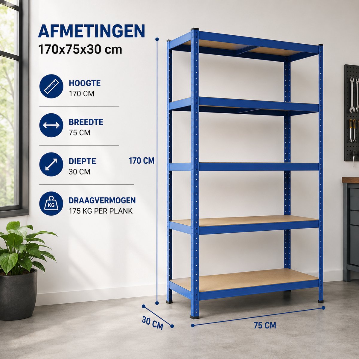 Parasha Nova Opbergrek - 170X75X30cm 5-laags schappenrek - zwaarbelastbaar metalen opslagrek