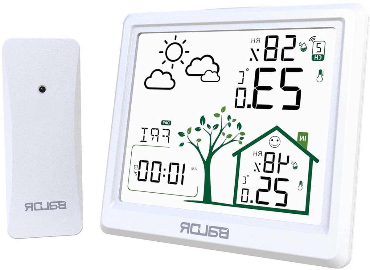 Weerstation Draadloos - Thermometer Hygrometer - Weersvoorspelling Binnen - HD Led Achtergrondverlichting - 4 Plaatsen Tegelijk - Wit