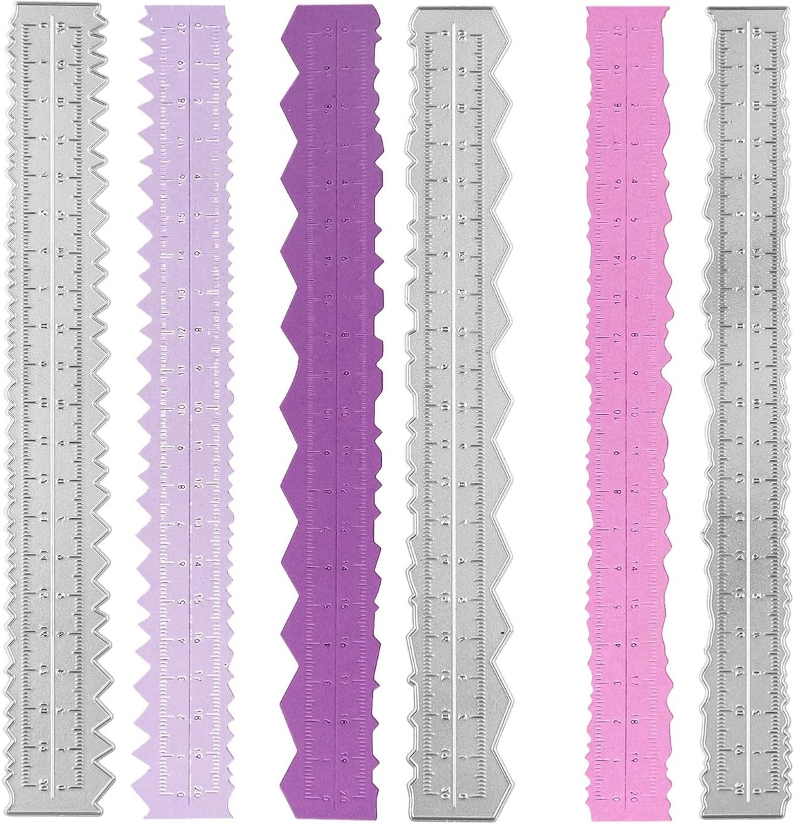 Set van 3 metalen onregelmatige randlinialen voor meten en snijden in papier, ideaal voor kaart maken, scrapbooking en knutselen, perfect voor school en kantoorgebruik.