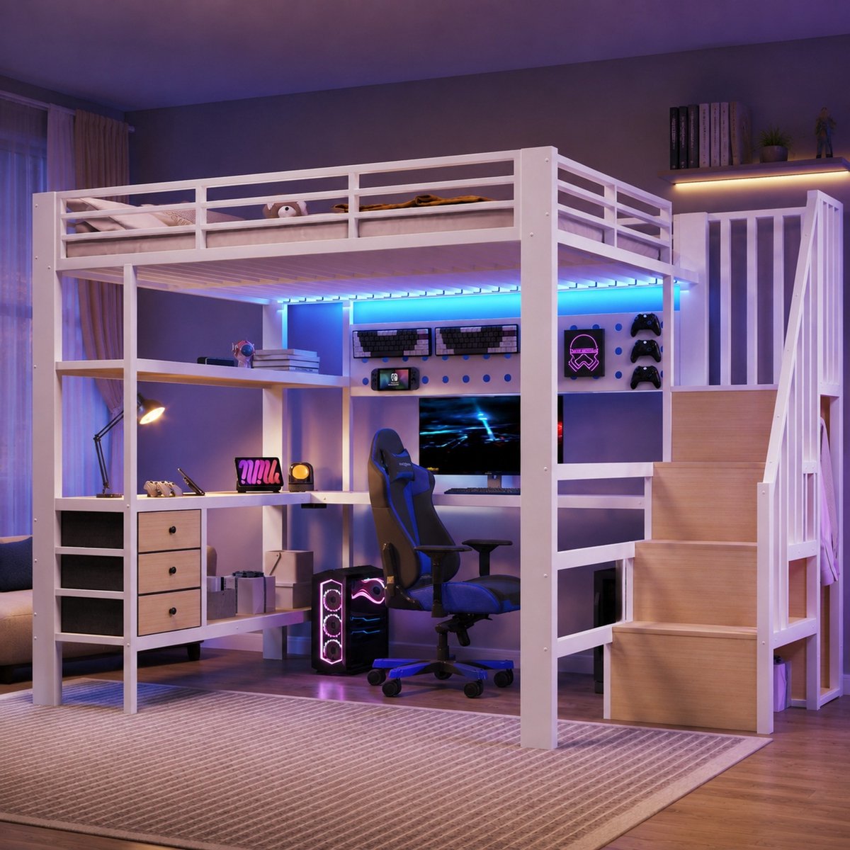 Wishdor Hoogslaper 140x200 cm - Met bureau en opbergruimte - Lochwand, lade en ledverlichting - Metaal en MDF - Wit - Zonder matras