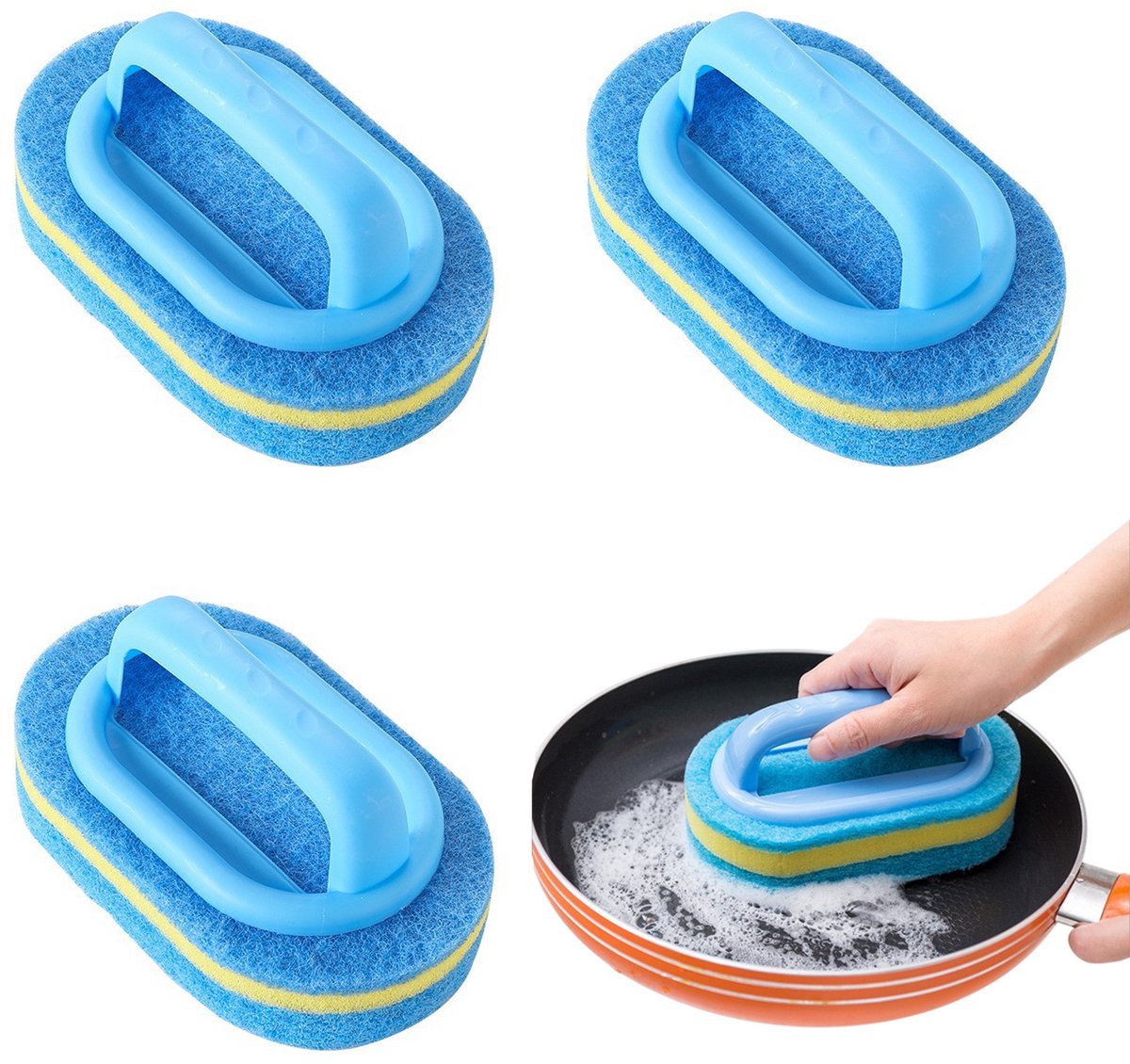 3 stuks - Reinigingsborstel - Sponsborstel - Badborstel - Handborstel voor zwembadreiniging - Verdikt, duurzaam schuim - Blauw - 14*9*7,5 cm - Geschikt voor het reinigen van zwembaden, spa's, badkuipen en tegels - met Kunststof handvat