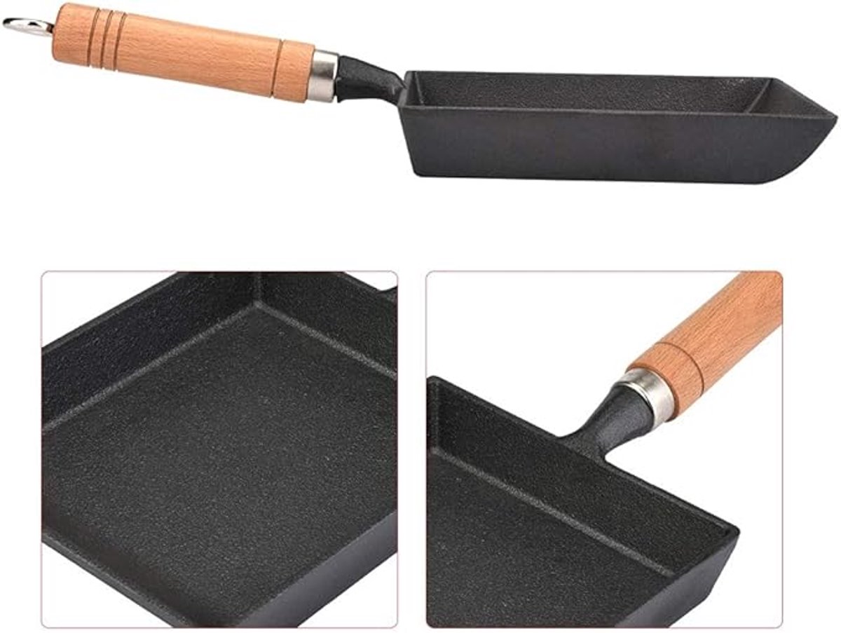 Japanse Tamagoyaki Pan – Rechthoekige Gietijzeren Omeletpan – Vierkante Eierpan met Houten Handvat – 37 x 15,5 cm