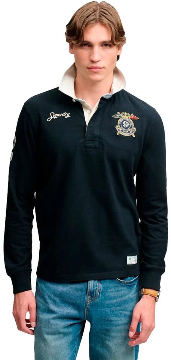 Superdry Double Emblem Rugbyshirt Relaxed Pasvorm Heren Tops Marineblauw