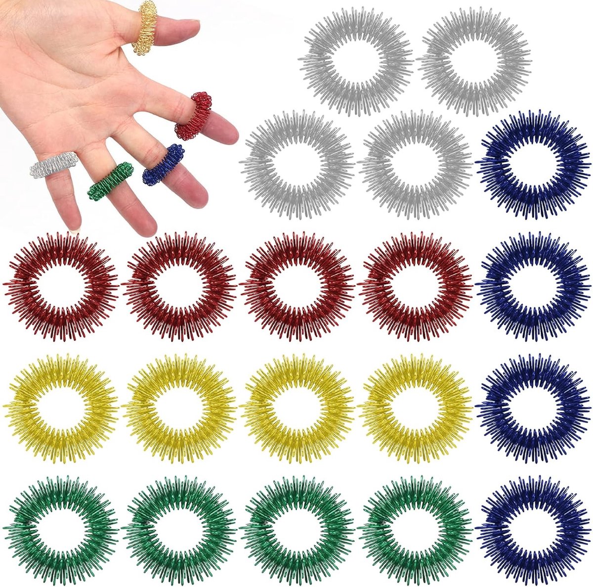 Prikkelende Sensorische Vinger Ringen, Set van 20, Acupressuur Ringen voor Ontspanning, Stressverlichting en Verbeterde Doorbloeding