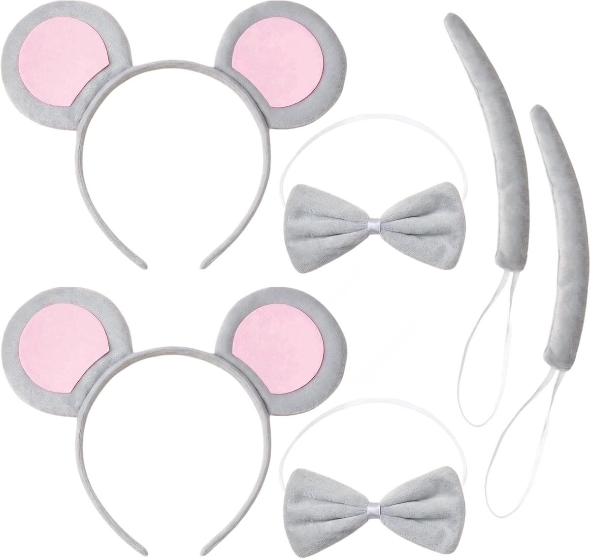 Set van 2 Muisoren Haarbanden en Accessoires, Grijze Haarbanden met Oren, Staart en Strik voor Volwassenen en Kinderen