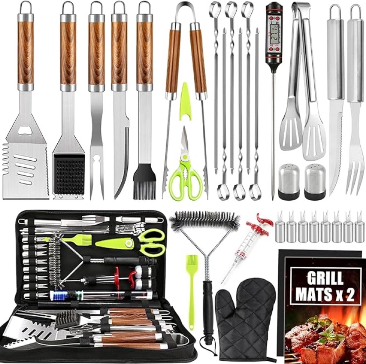 34-delig RVS Barbecuegereedschapsset met Opbergtas en Barbecuematten - Professionele BBQ-accessoires voor Buiten, Kamperen en Feesten