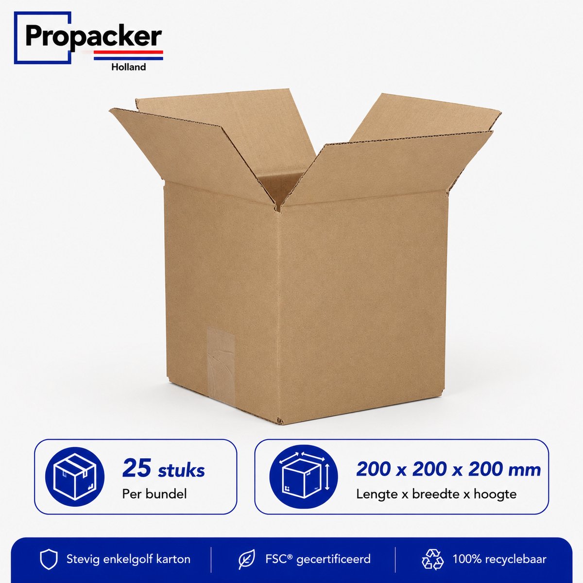 Verzenddoos 200 x 200 x 200 mm – Enkelgolf Karton – FEFCO 0201 – Bruin – 25 Stuks - Propacker