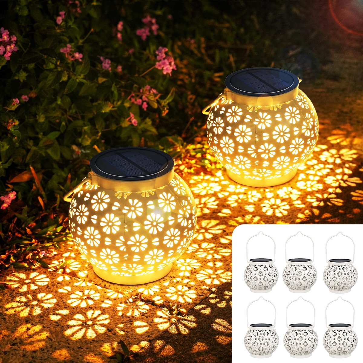 Lantaarns op zonne-energie set van 6 - bloemenpatroon - retro design - sfeervolle verlichting voor buiten - ShopVlot